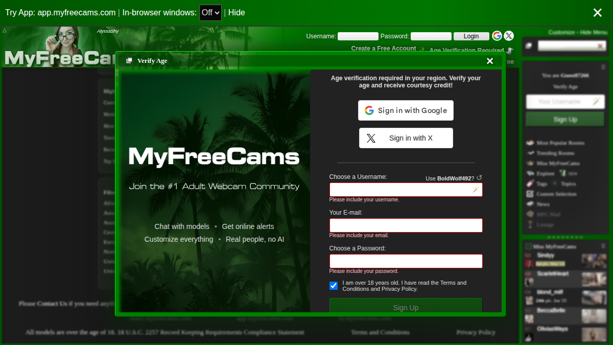 MyFreeCams 웹사이트 미리보기